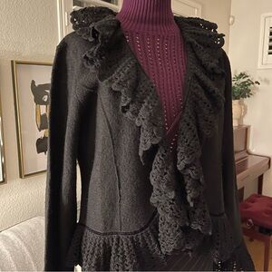 Vintage Knit Open Ruffled Cardigan Black, Size L
